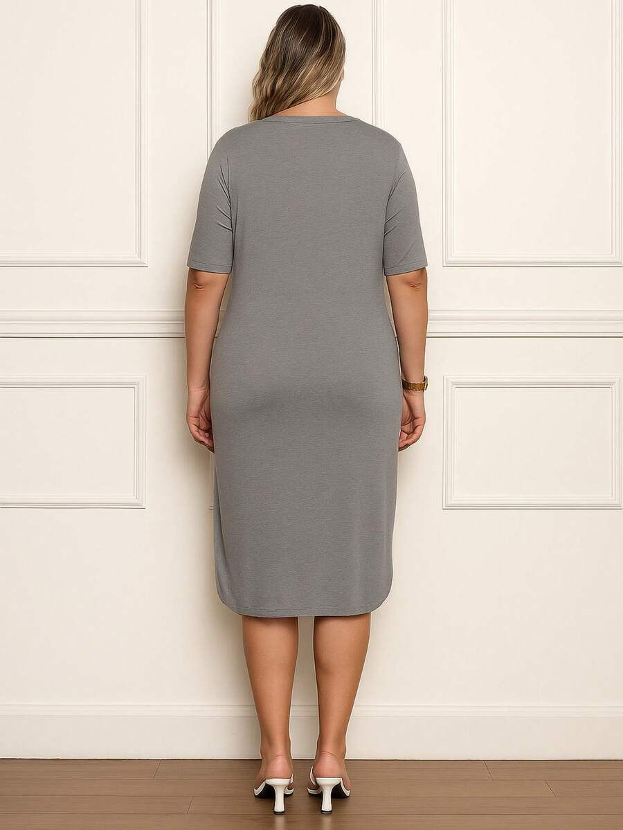 Miniatura: Vestido Midi Plus Size em Malha  com Bolsos Laterais  Simples    Casual  Fofo   