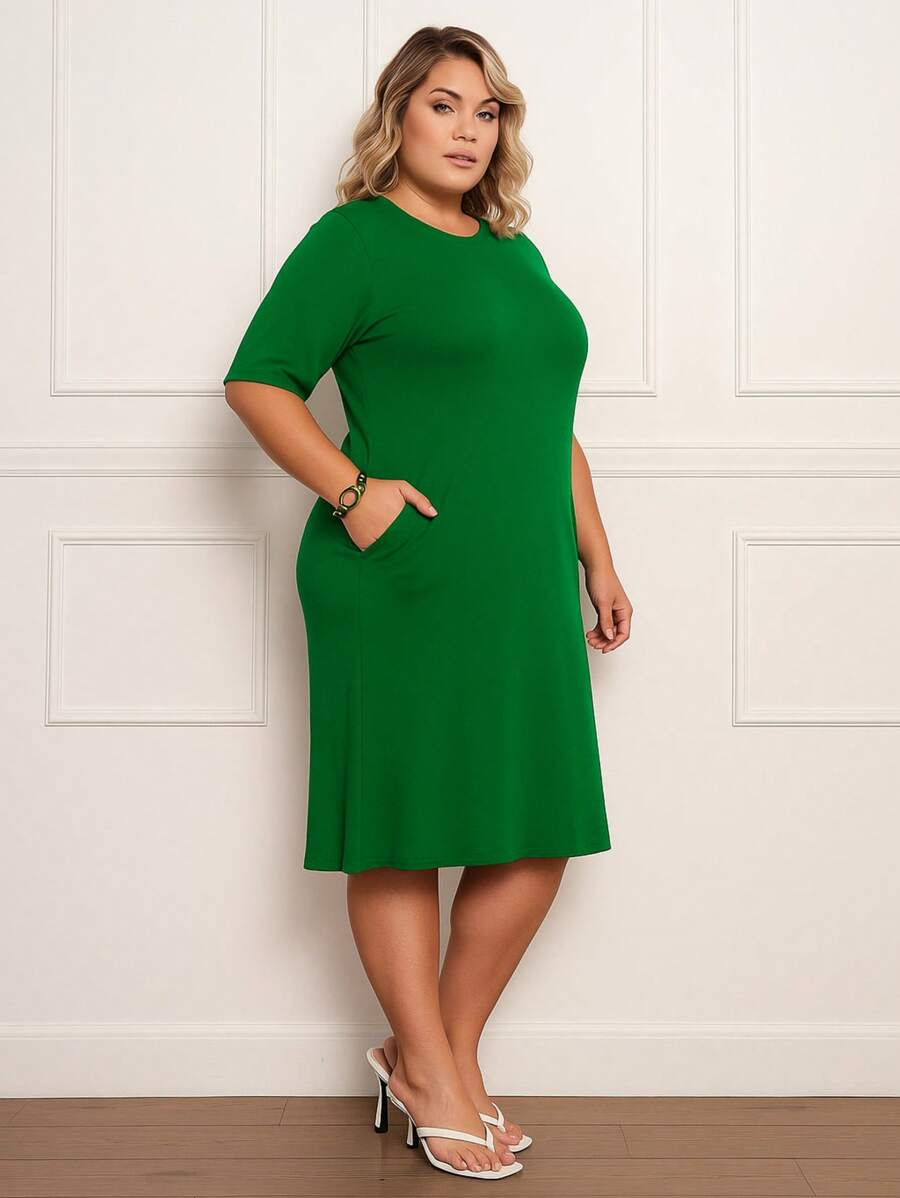 Miniatura: Vestido Midi Plus Size em Malha  com Bolsos Laterais  Simples    Casual  Fofo   