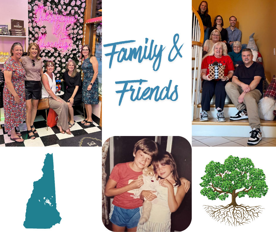 A collage of photos of friends and family and graphics of the state of NH and a tree with roots