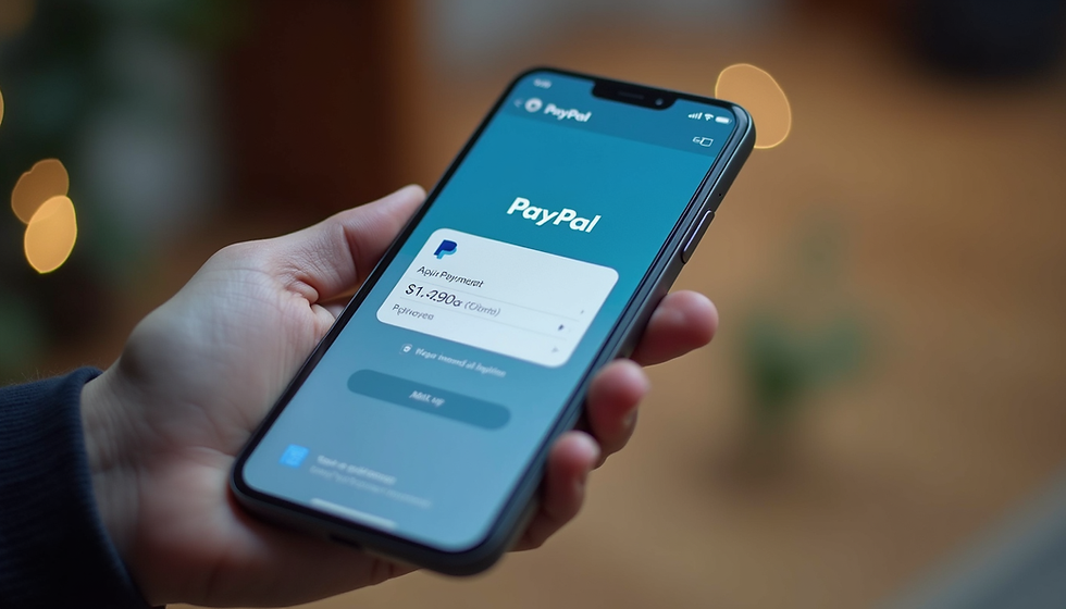 A person holds a smartphone displaying the PayPal app interface, showing a payment being processed for $1.29 with a blurred background.