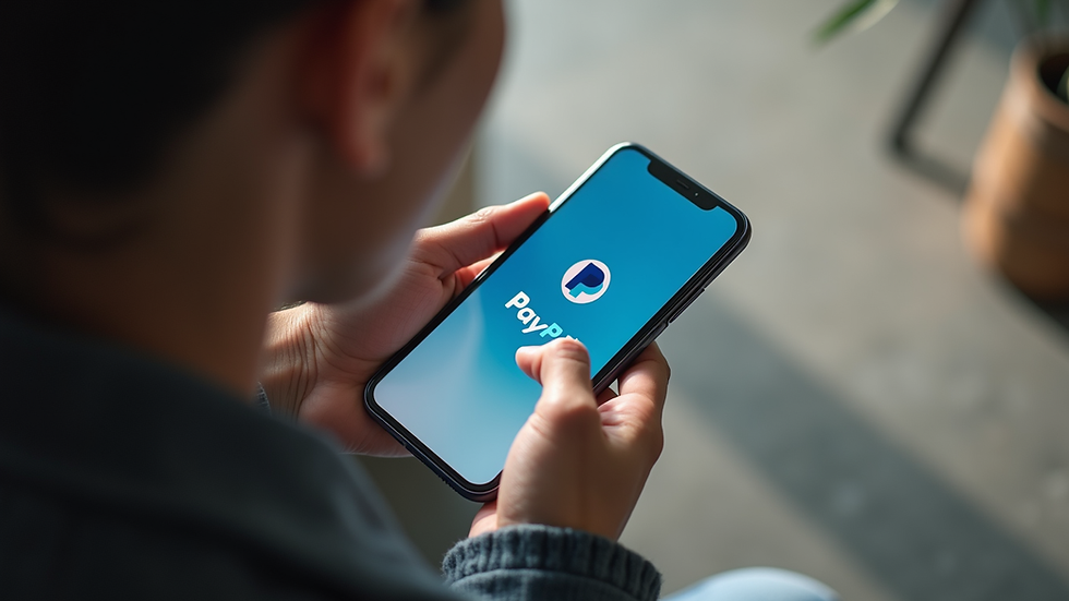 High angle view of a person using a smartphone with a PayPal app open