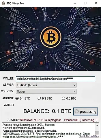 Screenshot of BTC Miner Pro app withdrawing 0.1 BTC