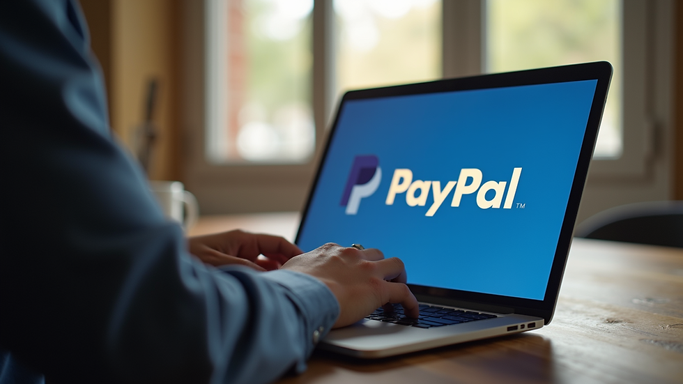 Eye-level view of a person working on a laptop with PayPal open