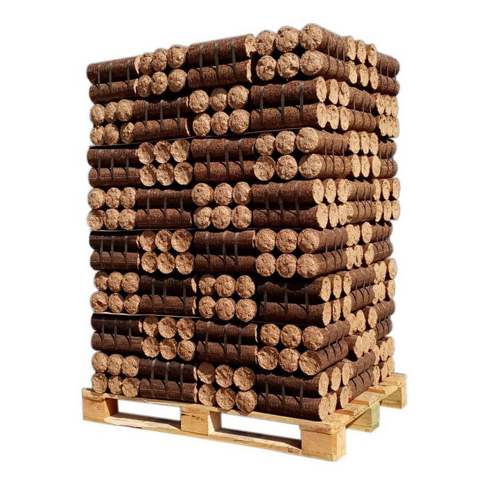 Stacked brown compressed wood briquettes on a wooden pallet ready for sale.