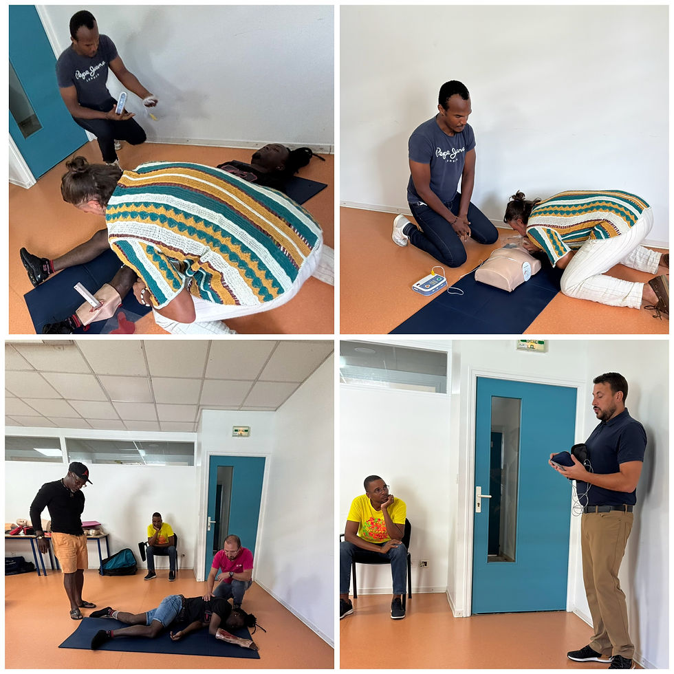4 photos montrant les collaborateurs d'idex pratiquant des mises en situation d'accident de travail