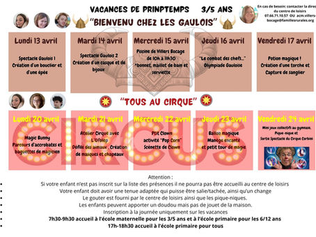 Planning des vacances de printemps 2026
