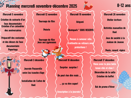Planning du prochain cycle novembre/décembre 2025