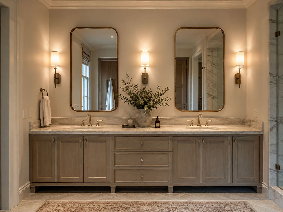 Elegant double-sink bathroom vanity with wood cabinets, gold mirrors and sconces, marble counters, and a vase of greenery.