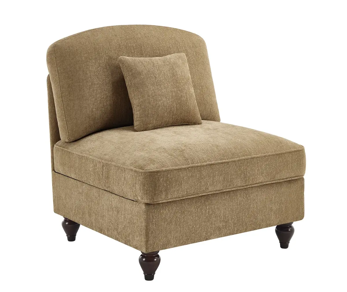 Beige upholstered chair with matching back pillow and dark wooden legs, isolated on a white background.