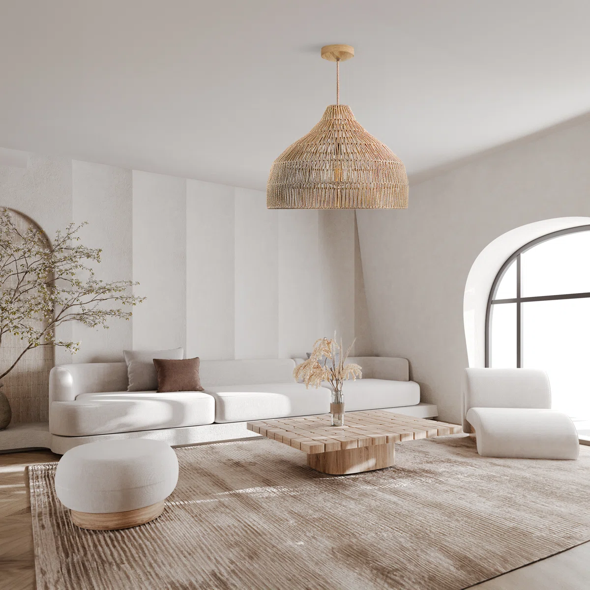 woven pendant light hanging in neutral living room with coastal decor style