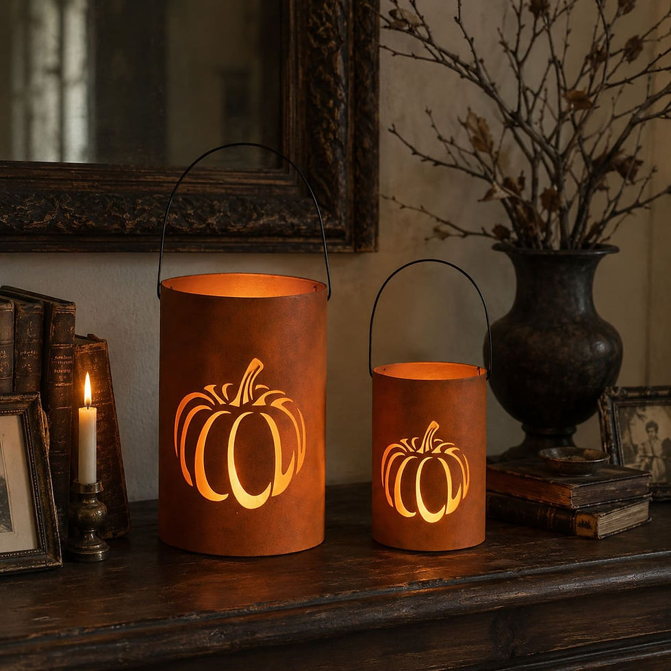 Glowing pumpkin lanterns on a dark wood table with a candle, old books, and a vase of bare branches in a cozy autumn scene