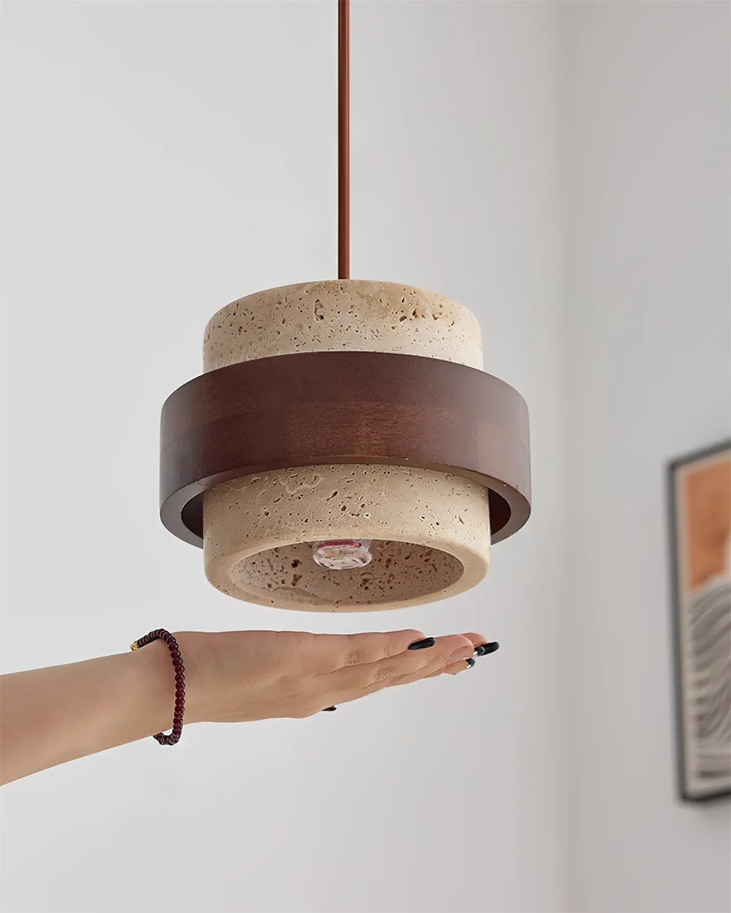 	Terranova pendant lamp natural travertine and walnut wood lighting