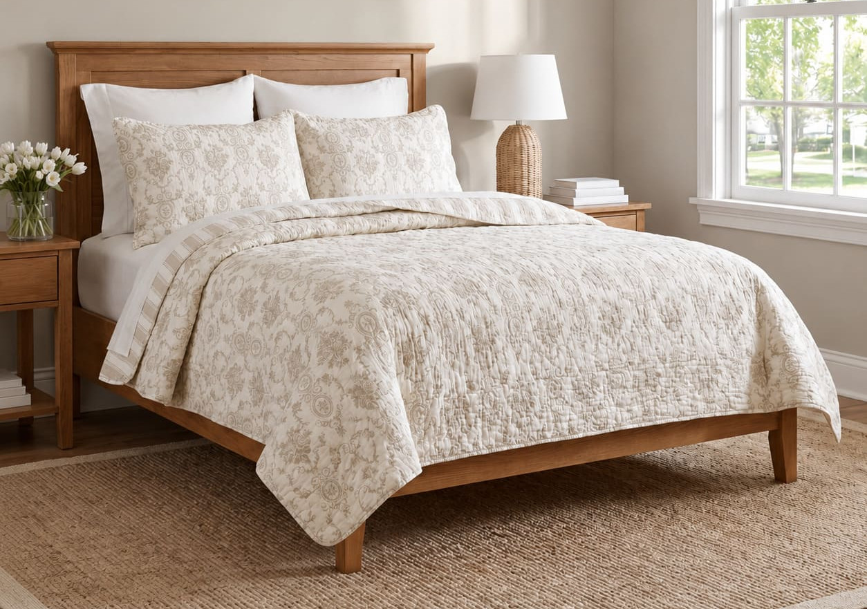 Neatly made bed with beige patterned quilt and pillows in a bright bedroom, beside a lamp, nightstand, flowers, and sunny window