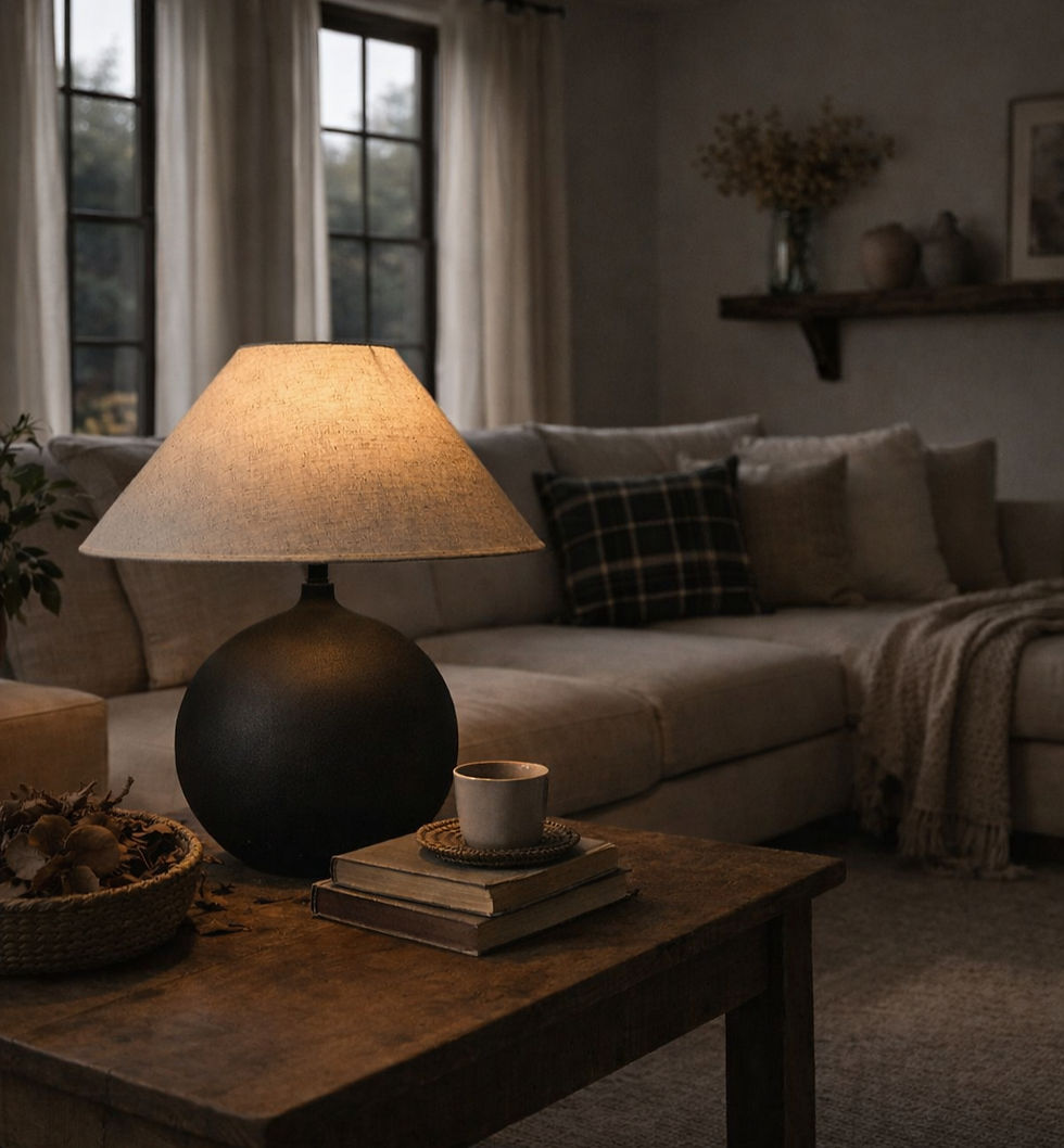 Modern Sandyha table lamp adding warm lighting to a cozy living room interior