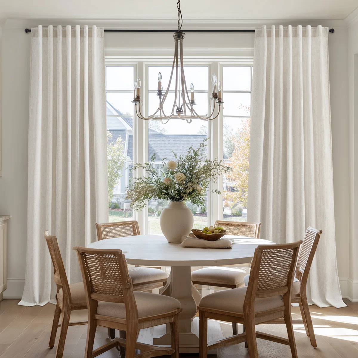 minimal living room with linen curtains and natural light, relaxed coastal interior