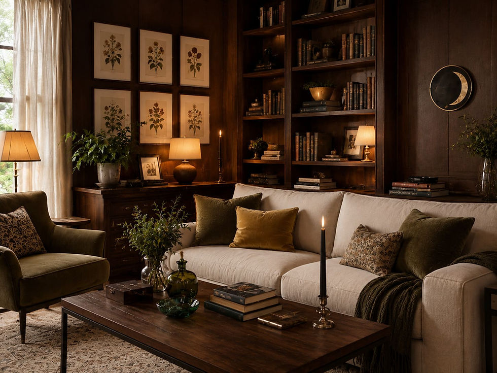 Moody Practical Magic aesthetic living room with vintage furniture, botanical decor, candlelight and rich earthy colors.