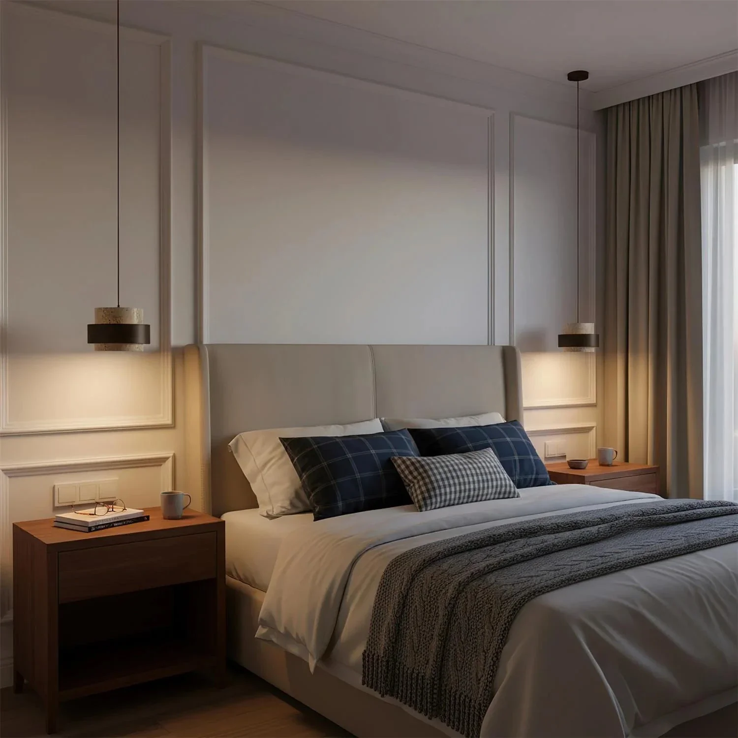 Modern pendant lamp travertine stone and walnut wood dining room