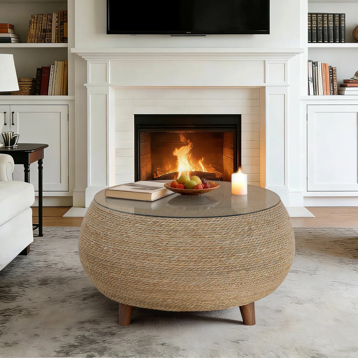 coastal living room with textured coffee table and soft neutral palette