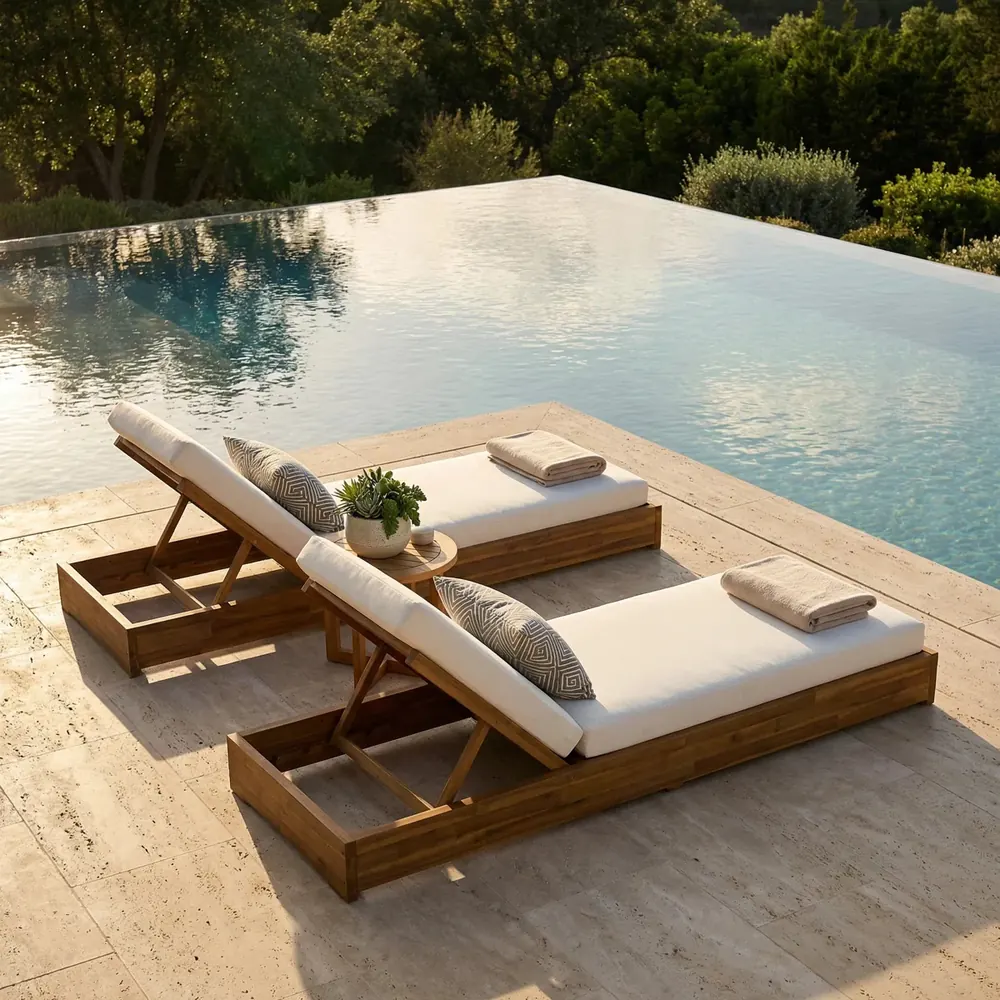 Pair of adjustable wood pool lounge chairs with white cushions beside an infinity pool