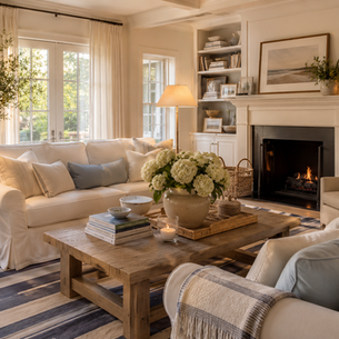 Elegant Nancy Meyers-inspired living room featuring a white sofa, fresh hydrangeas, rustic coffee table, fireplace, built-in bookshelves, soft lighting, and timeless quiet luxury decor. A warm and inviting interior filled with classic home styling and layered neutral textures.