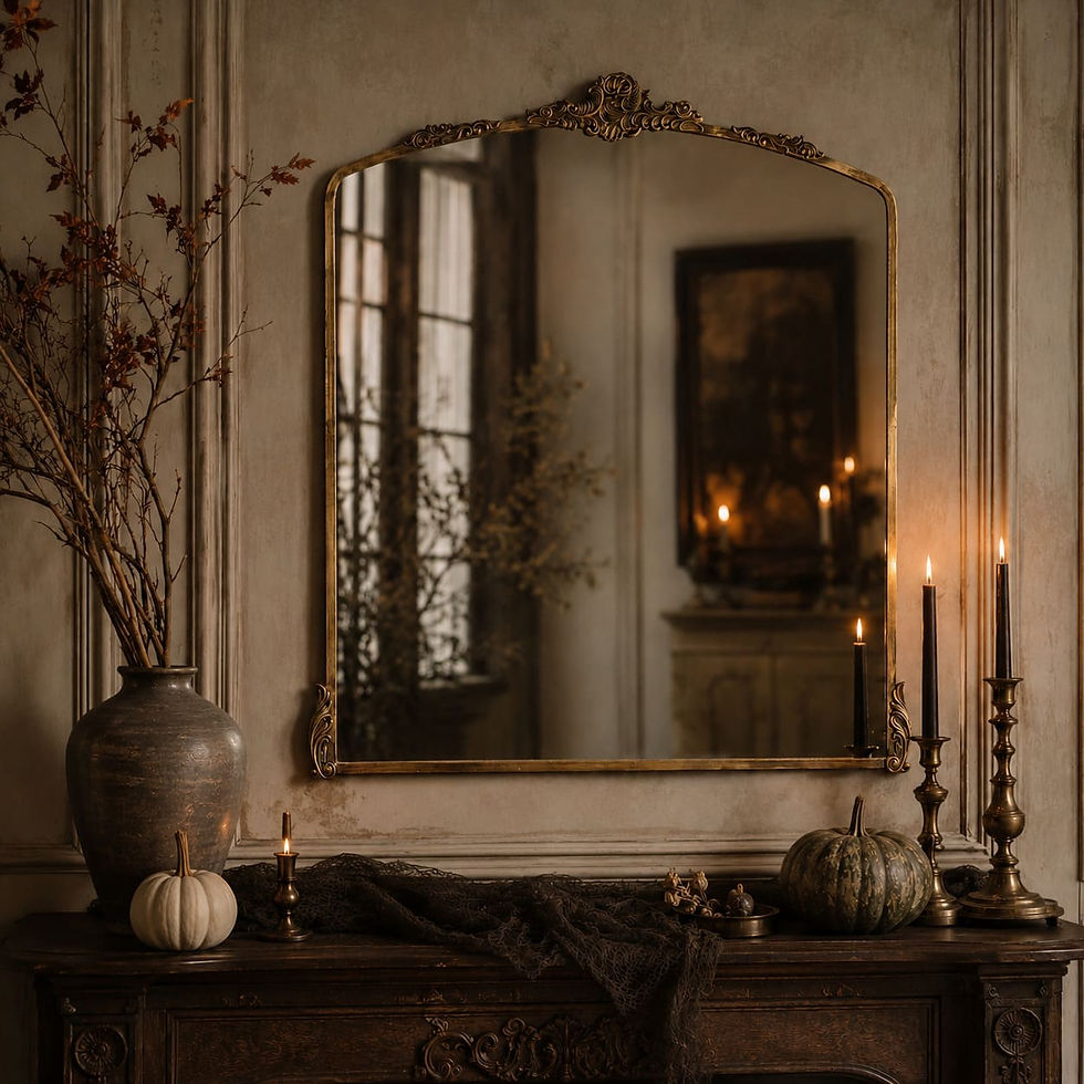 Ornate Aticus Accent Mirror above a dark wooden mantel with lit candles, pumpkins, and dried branches in a warm, moody room