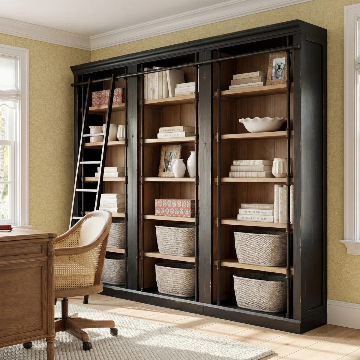 Elegant black library bookcase with rolling ladder in a Nancy Meyers-inspired home office. Styled with books, woven storage baskets, ceramic vases, and neutral decor, creating a warm quiet luxury interior with classic built-in shelving and timeless traditional charm.