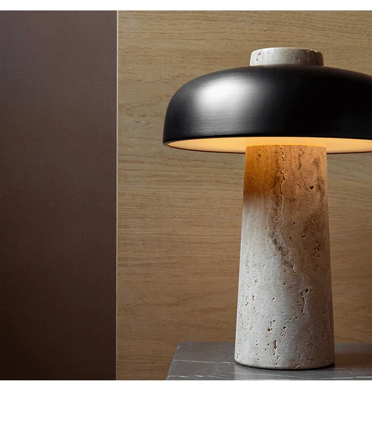 Reverse lamp travertine base and brass shade modern bedside lamp