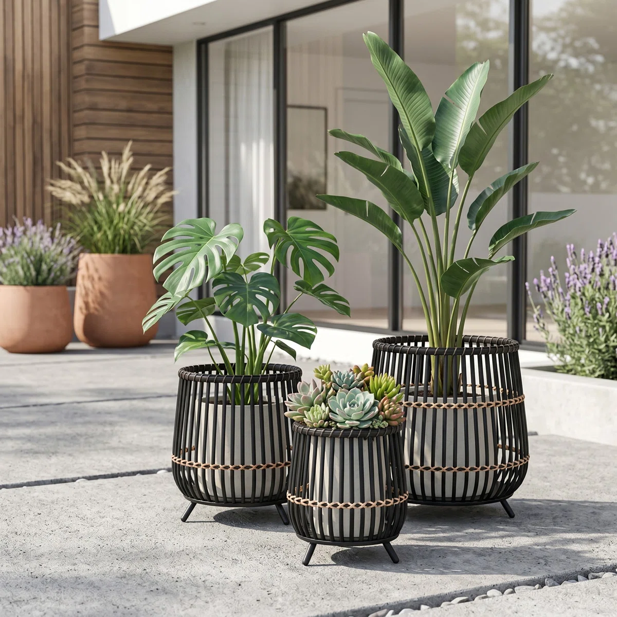 Modern Round Bamboo Wood Planters set of 3