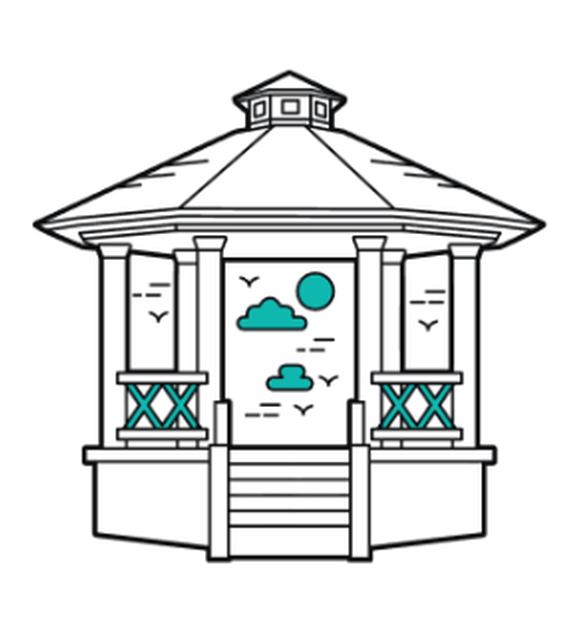Line drawing of a gazebo pavilion with steps and teal accents, centered on a white background with simple clouds and birds. Gazebo of Stars Hollow in the Gilmore Girls tv show