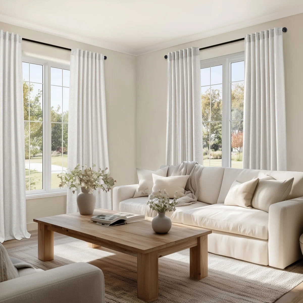light and airy window styling with white linen curtains in modern home
