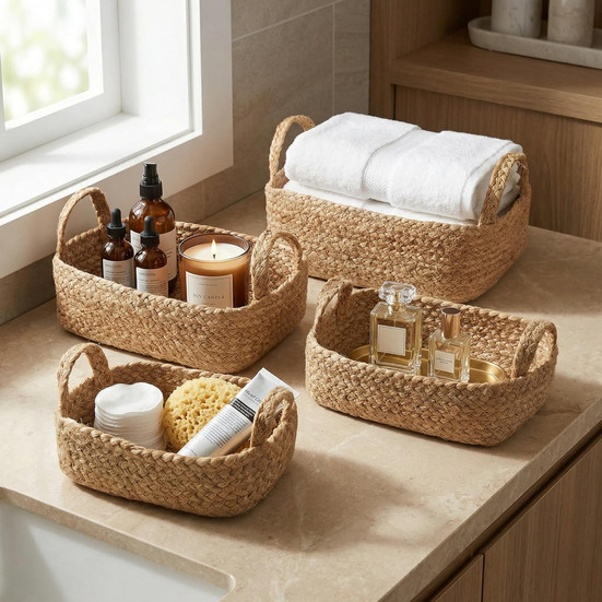 natural fiber baskets with towels and skincare, clean luxury home styling