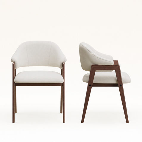 Curved upholstered dining chairs with solid wood legs for modern farmhouse, Scandinavian, organic modern, and quiet luxury dining rooms.