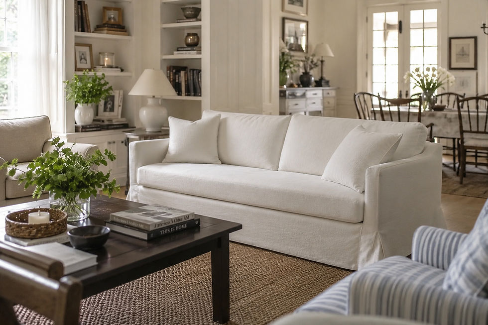 White farmhouse slipcovered sofa in a warm, book-lined living room