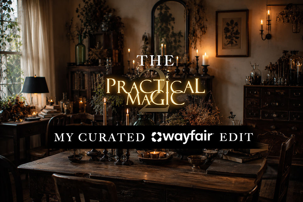 Practical Magic 2 decor inspiration with dark wood, botanical accents, candles and vintage-style home decor.