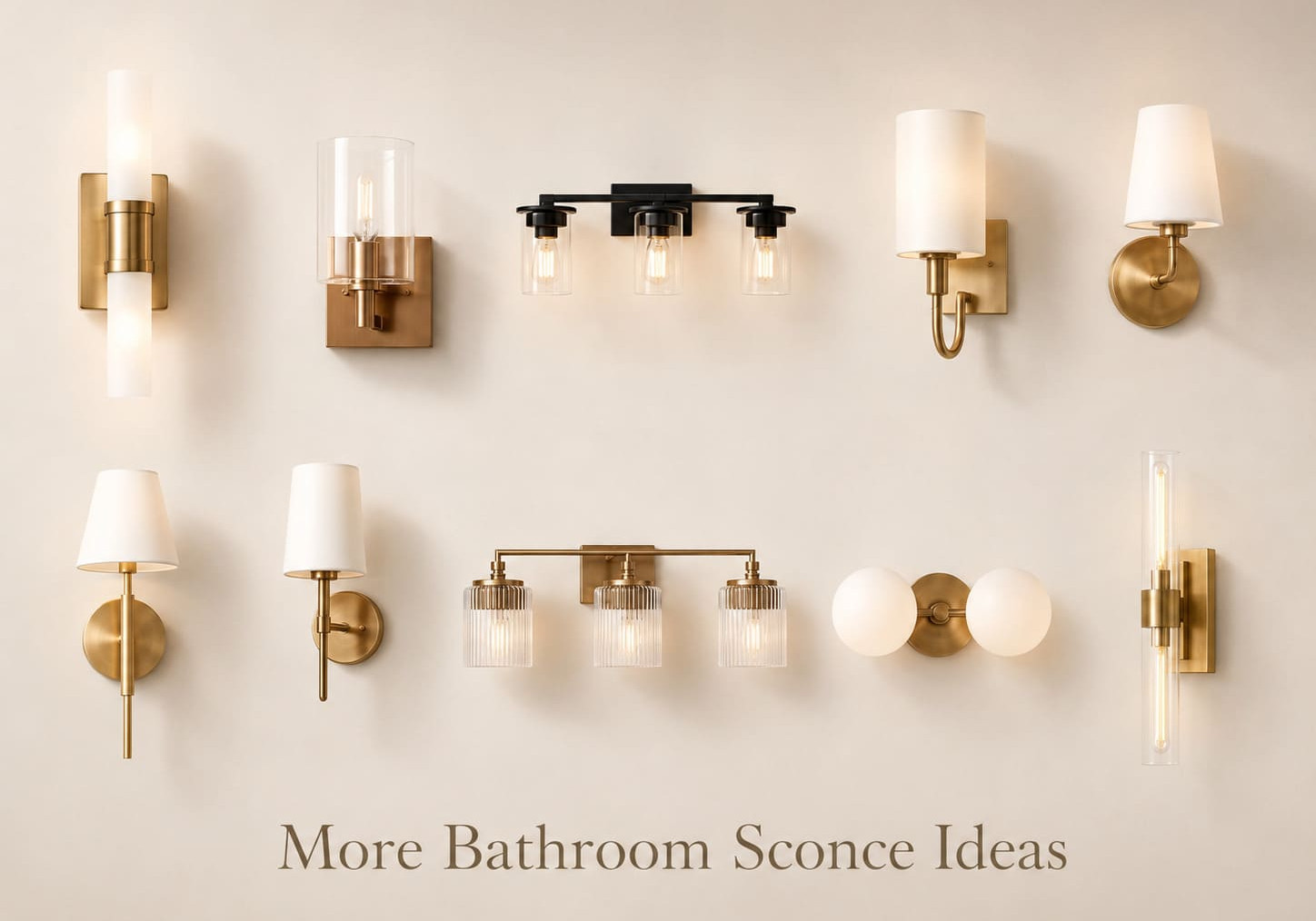 Assorted gold and white bathroom sconces on a beige wall, with text More Bathroom Sconce Ideas.