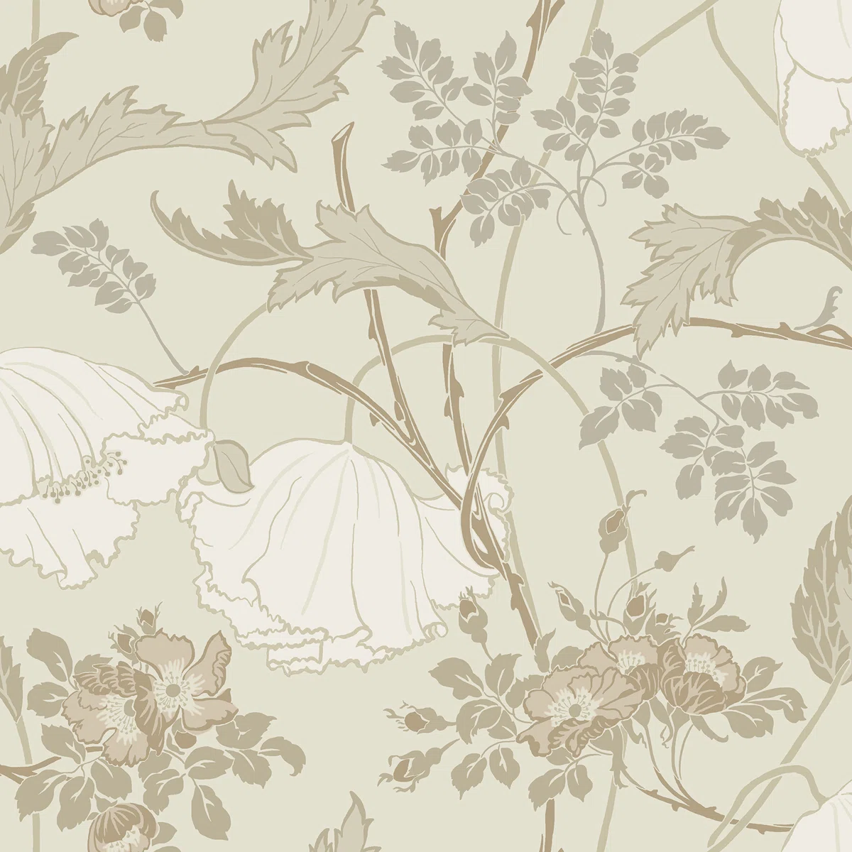 Neutral floral wallpaper for a soft elegant bathroom with timeless Pottery Barn style