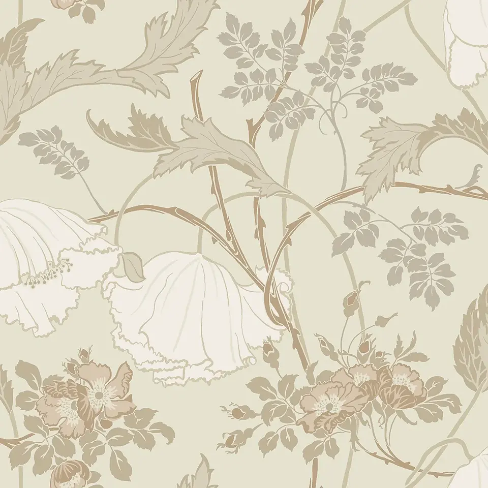 Neutral floral wallpaper for a soft elegant bathroom with timeless Pottery Barn style