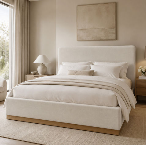 Cream upholstered platform bed with a modern fabric headboard for quiet luxury, organic modern, Scandinavian, and minimalist bedroom decor.