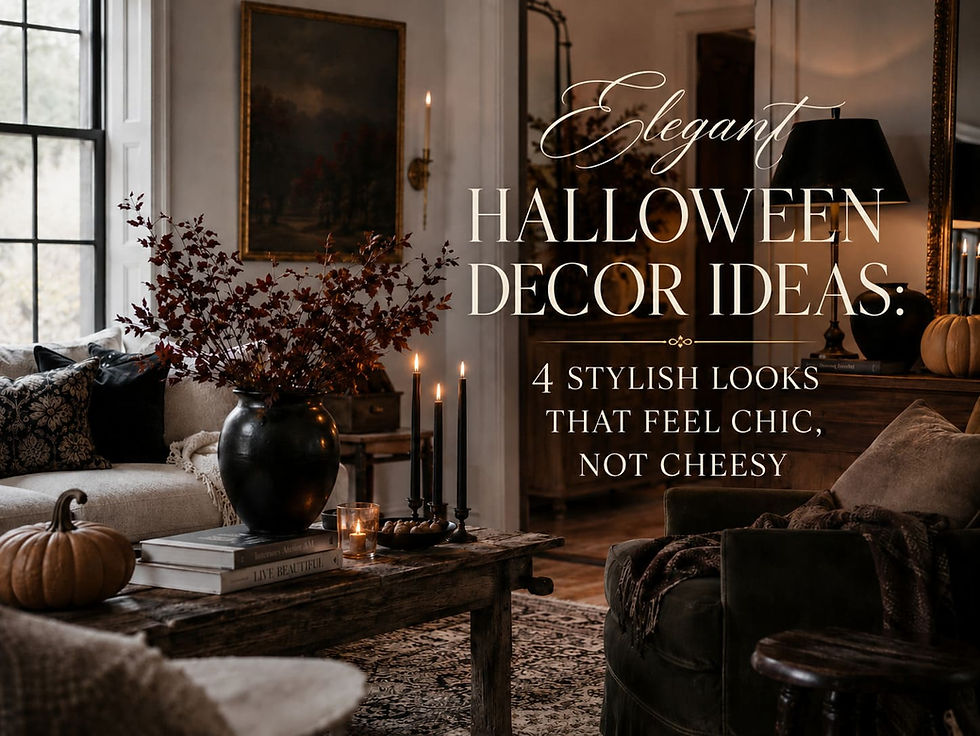 Elegant Halloween decor ideas in a warm living room with black accents, pumpkins and candlelight.