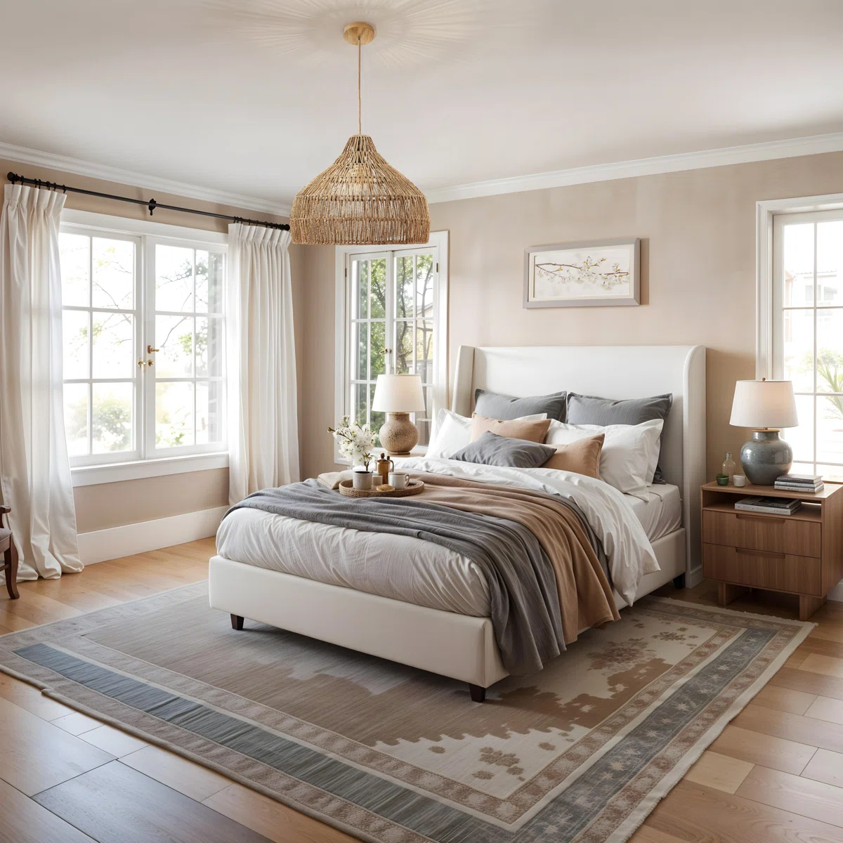 boho coastal pendant light with soft lighting in bedroom space
