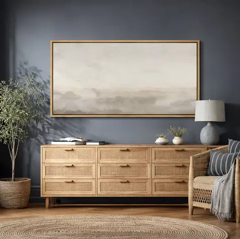 Large neutral abstract canvas wall art with a natural wood frame for quiet luxury, organic modern, Scandinavian, and contemporary home decor.