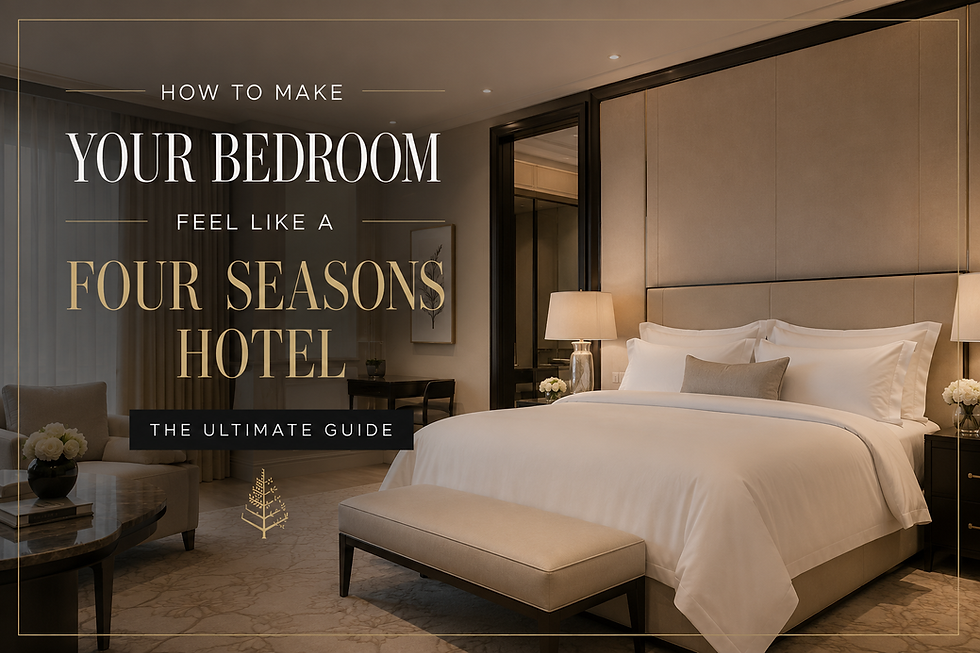 Luxury hotel bedroom inspired by Four Seasons featuring elegant white bedding, warm ambient lighting, neutral décor, and a sophisticated hotel suite atmosphere.