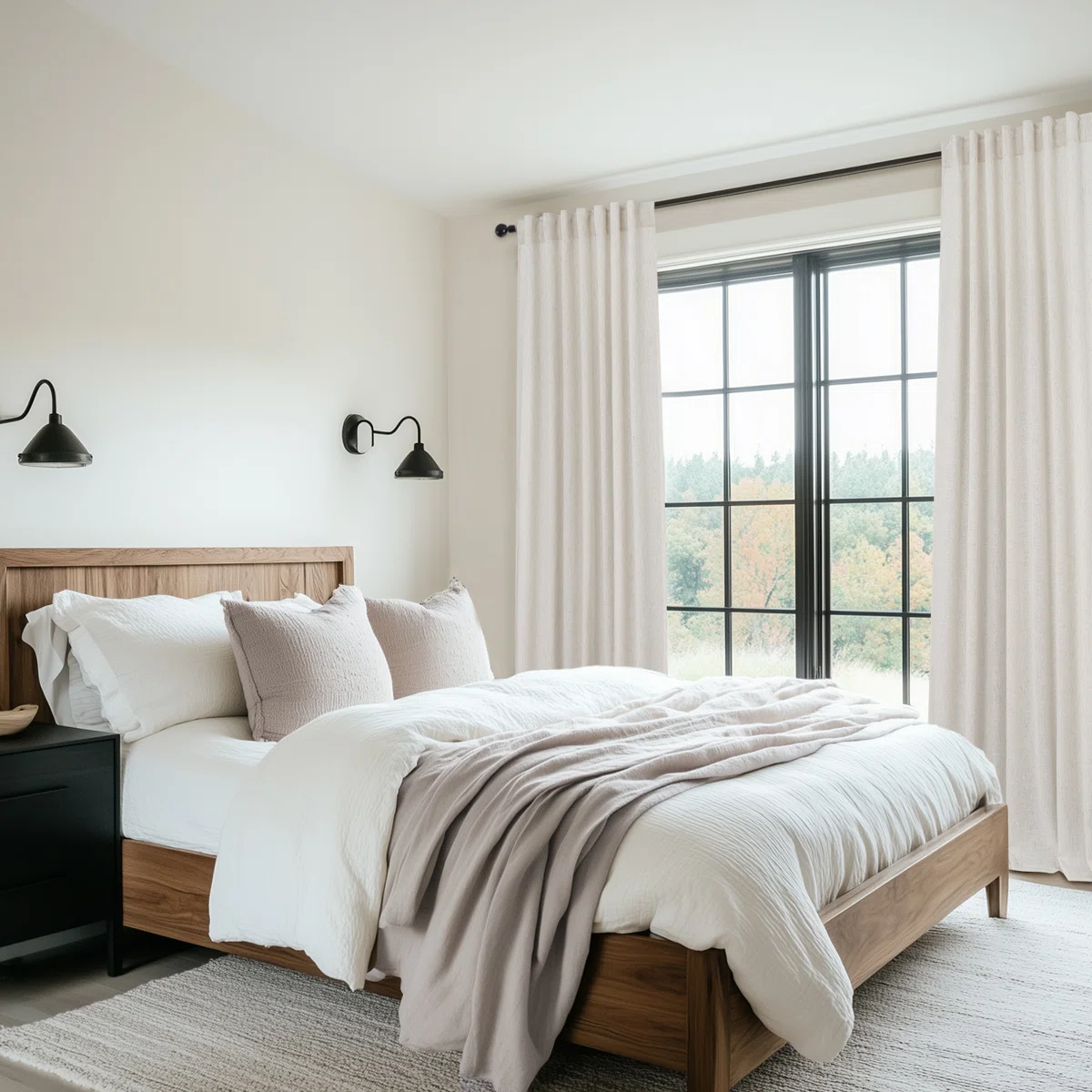 linen curtains filtering natural light in neutral bedroom, soft coastal decor