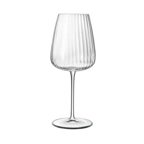 Clear ribbed wine glass featuring a modern stem design for elegant table settings, quiet luxury dining rooms, and contemporary kitchen decor.