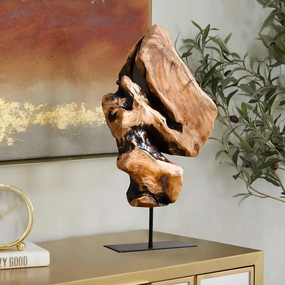 natural wood decorative sculpture adding texture to styled living space