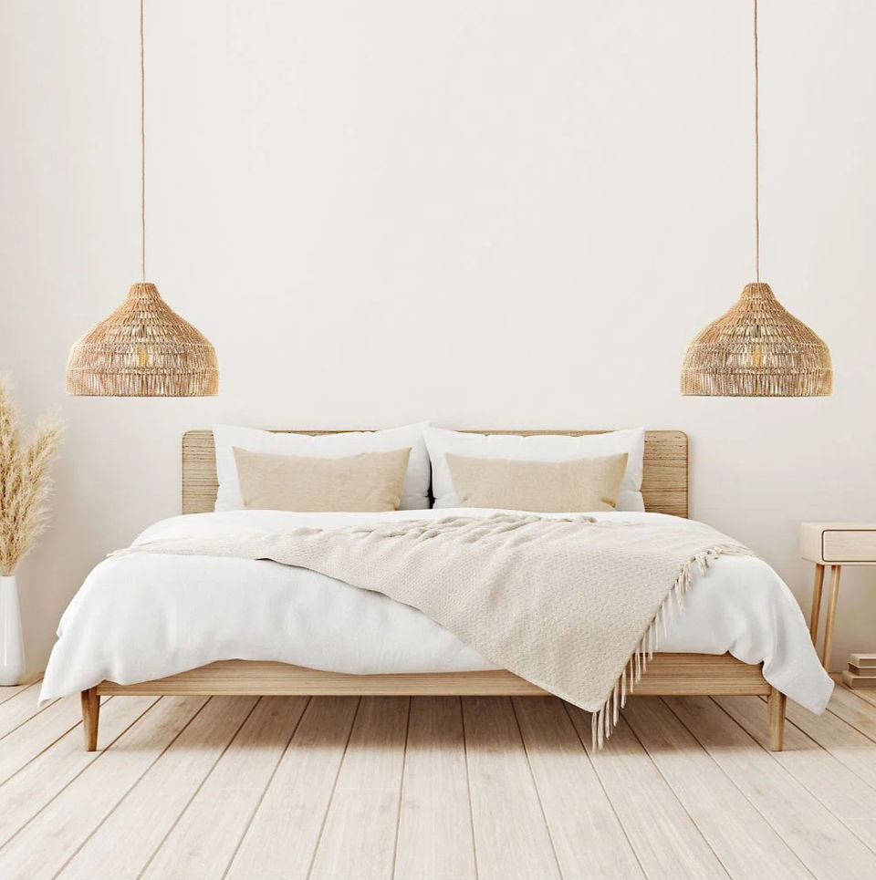 natural fiber ceiling light creating warm atmosphere in modern coastal interior