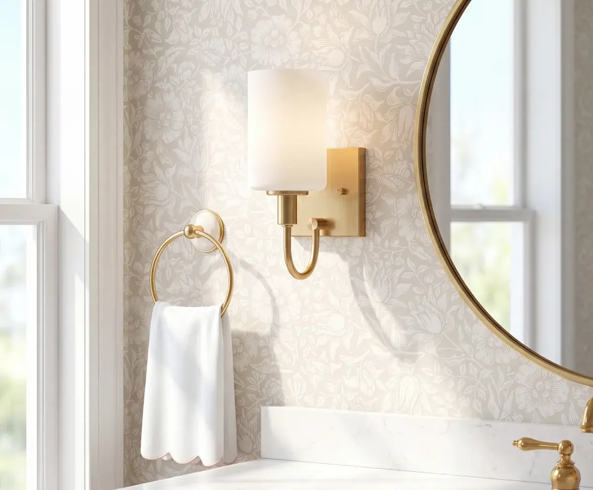 Elegant bathroom vanity with floral wallpaper, gold sconce and towel ring, round mirror, white sink, and bright window light.