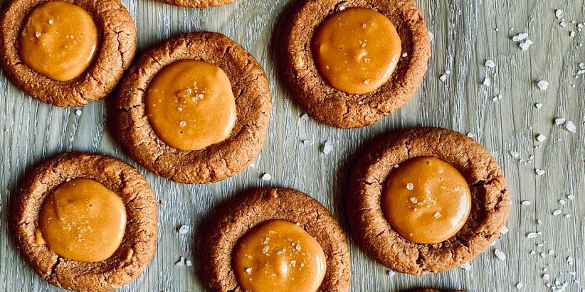 Crunchy PB and Chocolate Thumbprint Cookies with Salted Dulce de Leche