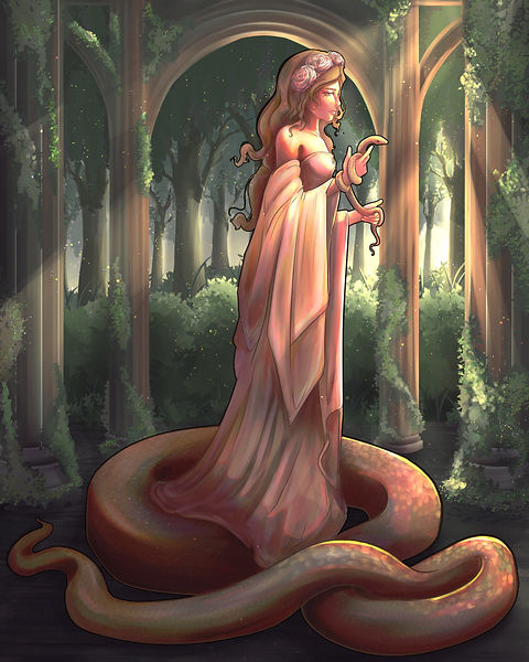 Lamia with a draped dress holding a small wood snake. 