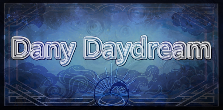 Dany daydream landing page banner. Composed of blue cloud swirls and a geometric border.